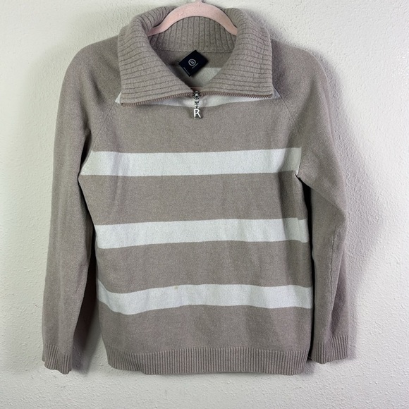 Bogner Cashmere Wool Blend Partial Zip Beige White Pullover Sweater size 10 - Picture 1 of 9